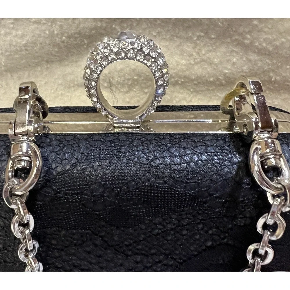Jewell Black Hard Shell Faux Suede Evening‎ Prom Bag Rhinestone Ring Closure